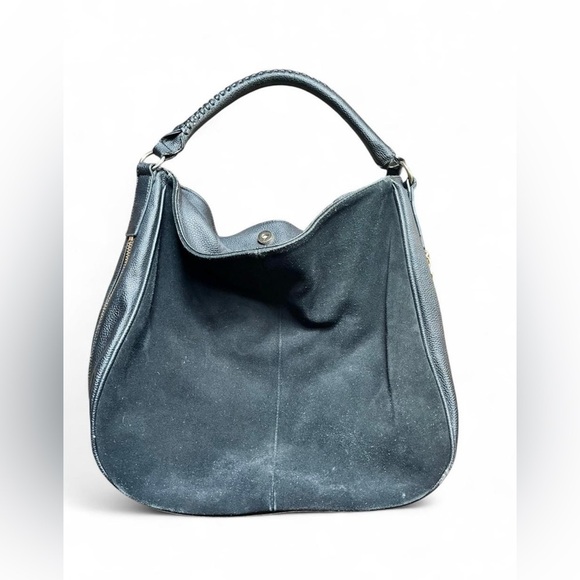H&M Black Faux Leather & Suede Hobo Bag with Gold Bottom Zipper Detail - Picture 3 of 5